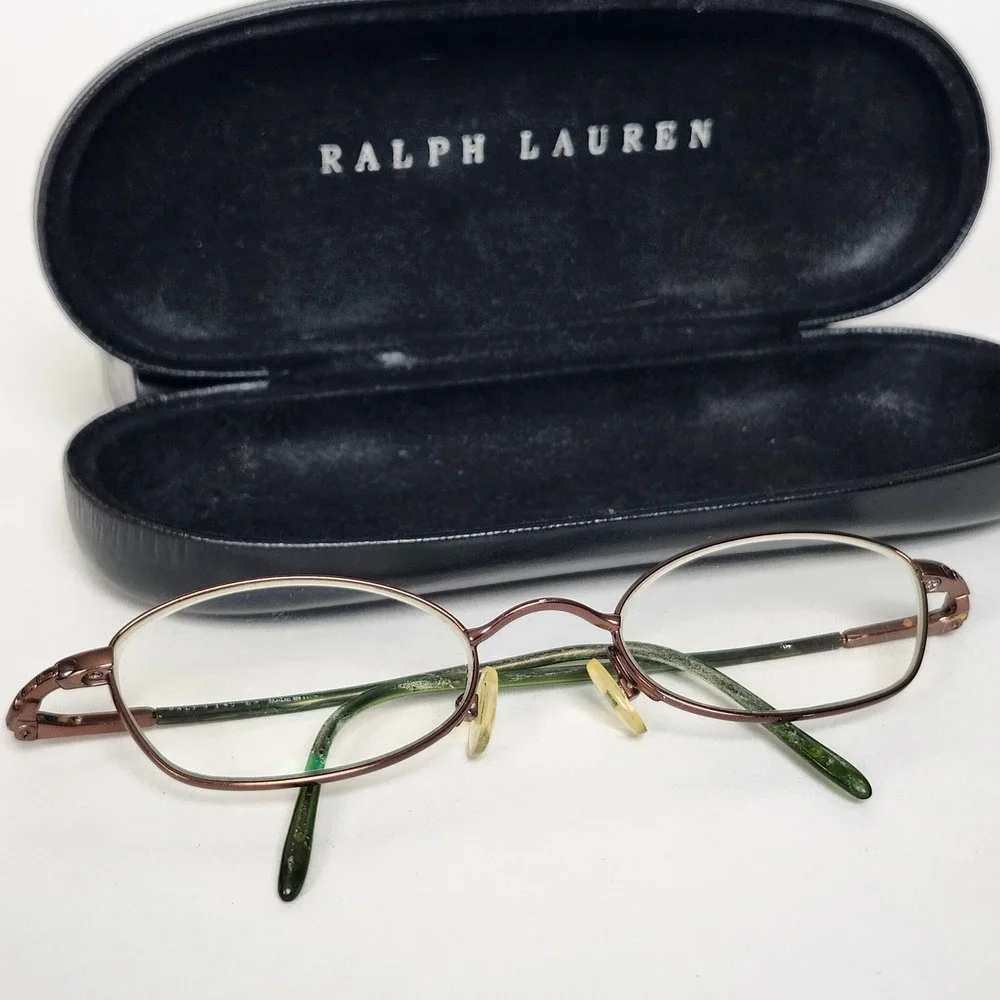 Vintage 90s Ralph Lauren Eyeglasses Frame Oval Wire Bronze Green Italy Case
